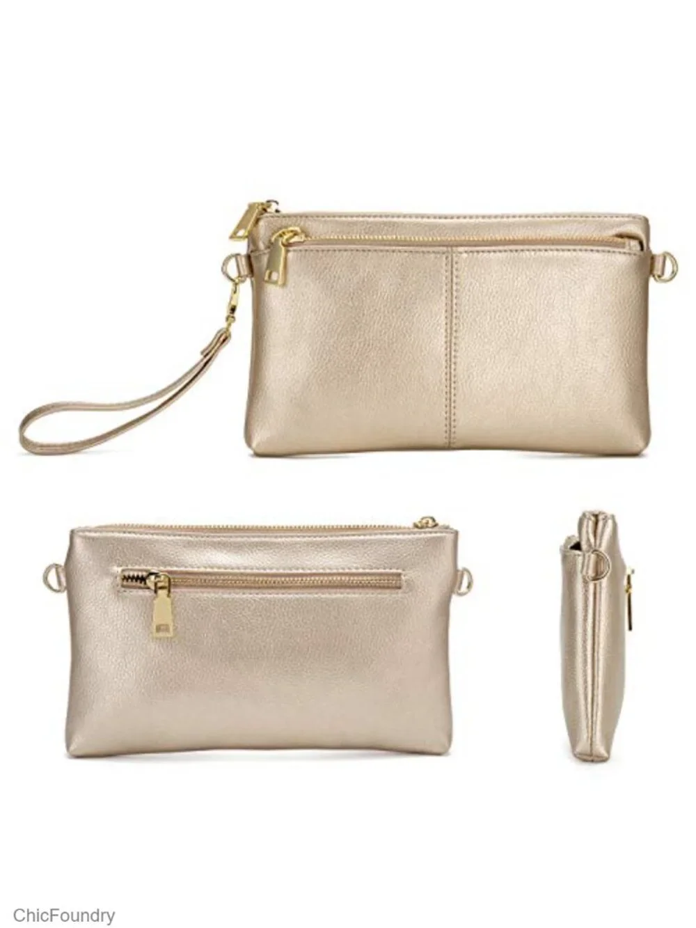Triple Zip Small Crossbody Bag Vegan Leather Wristlet Clutch with Adjustable